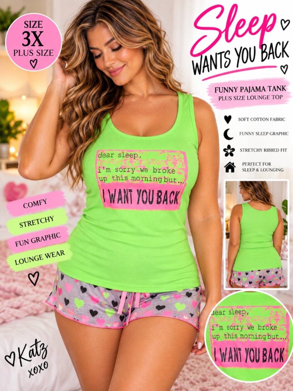 Plus Size 3X Neon Green Funny Sleep Pajama Tank Top Graphic Y2K Lounge PJ Shirt